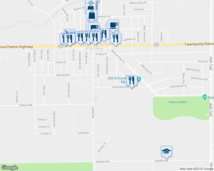 map of restaurants, bars, coffee shops, grocery stores, and more near 73798 Cottonwood Drive in Twentynine Palms