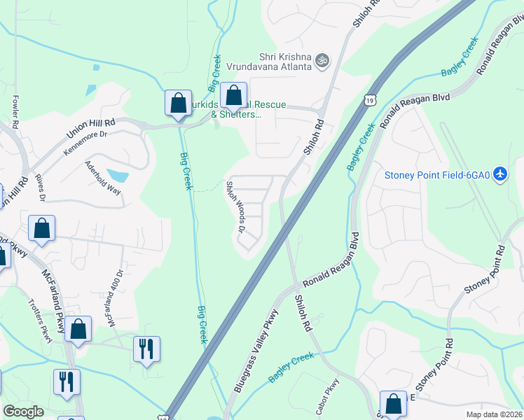 map of restaurants, bars, coffee shops, grocery stores, and more near 6580 Shiloh Road in Alpharetta