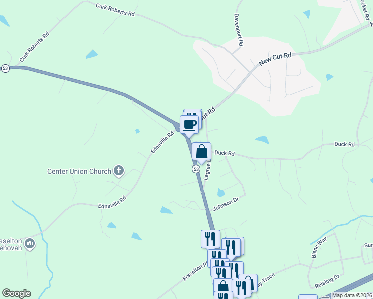 map of restaurants, bars, coffee shops, grocery stores, and more near 6647 Highway 53 in Braselton