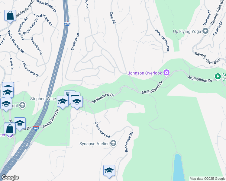 map of restaurants, bars, coffee shops, grocery stores, and more near 15205 Mulholland Drive in Los Angeles