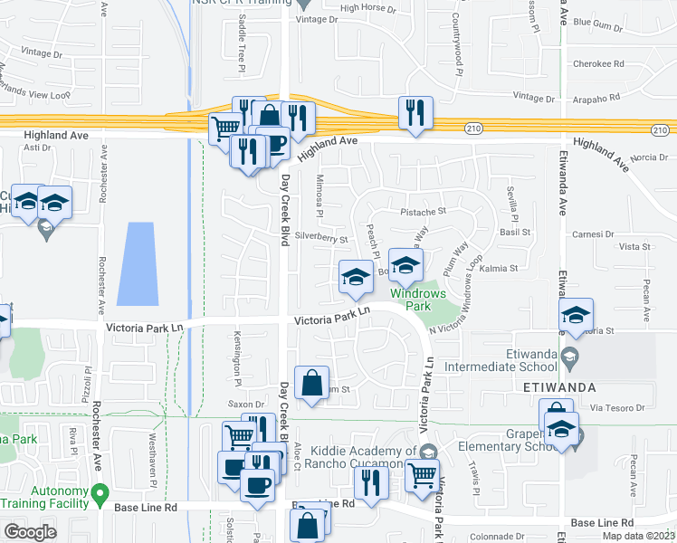 map of restaurants, bars, coffee shops, grocery stores, and more near 12315 Mint Court in Rancho Cucamonga