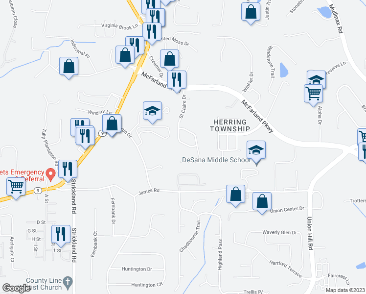 map of restaurants, bars, coffee shops, grocery stores, and more near 386 St.Claire Drive in Alpharetta