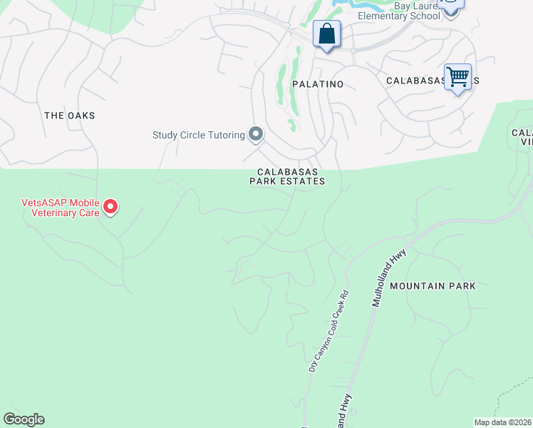 map of restaurants, bars, coffee shops, grocery stores, and more near 24932 Normans Way in Calabasas