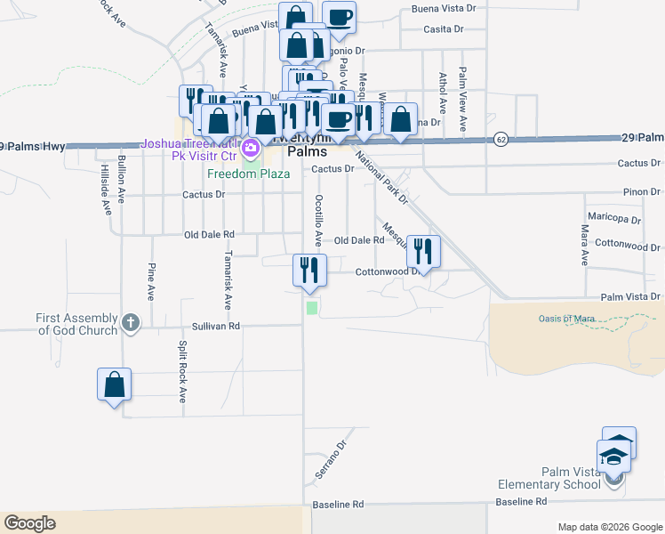 map of restaurants, bars, coffee shops, grocery stores, and more near 73820 Cottonwood Drive in Twentynine Palms