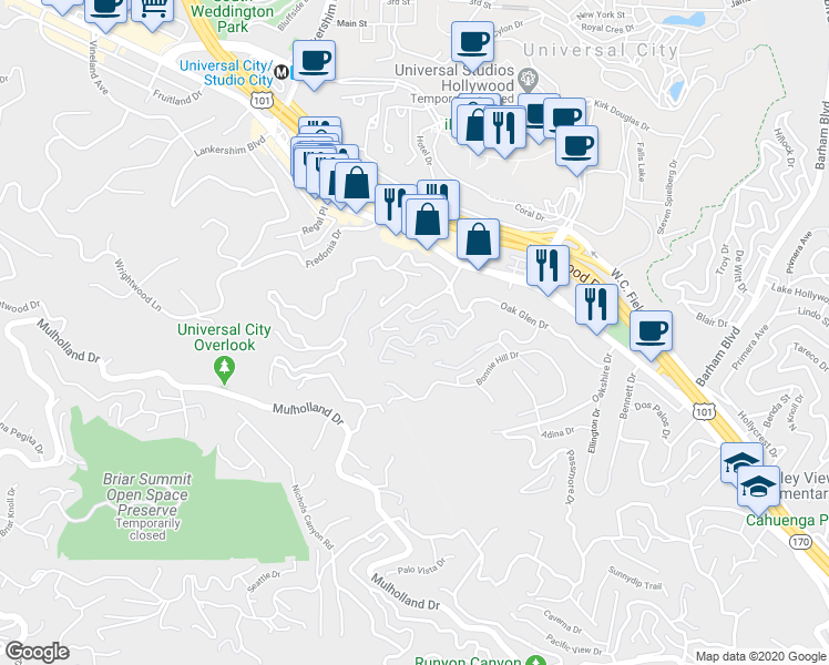 map of restaurants, bars, coffee shops, grocery stores, and more near 3217 Oakley Drive in Los Angeles