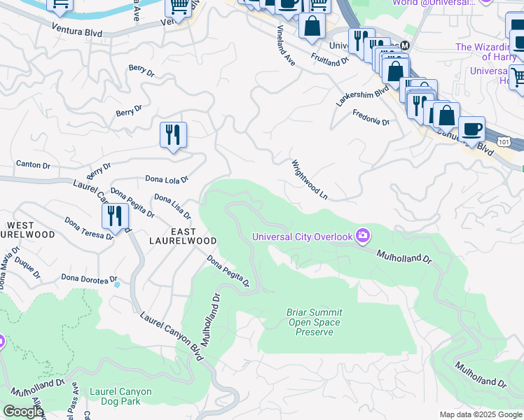map of restaurants, bars, coffee shops, grocery stores, and more near 3200 Wrightwood Drive in Los Angeles