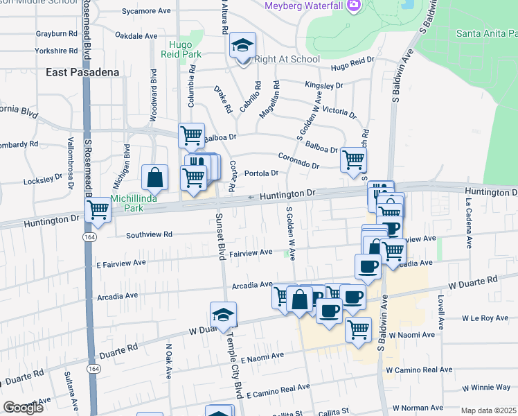 map of restaurants, bars, coffee shops, grocery stores, and more near 938 Huntington Drive in Arcadia
