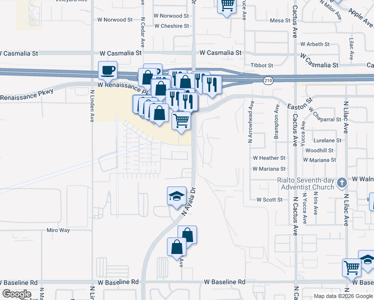 map of restaurants, bars, coffee shops, grocery stores, and more near 1162 Thunderchief Lane in Rialto