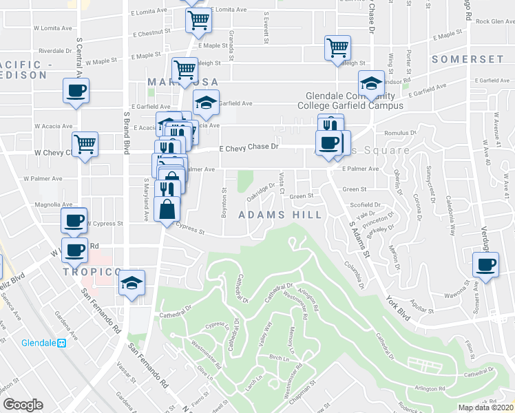 map of restaurants, bars, coffee shops, grocery stores, and more near 721 East Cypress Street in Glendale