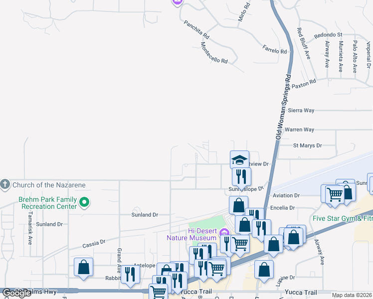 map of restaurants, bars, coffee shops, grocery stores, and more near 56996 Crestview Drive in Yucca Valley