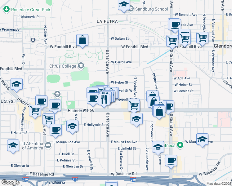 map of restaurants, bars, coffee shops, grocery stores, and more near 834 Bridwell Street West in Glendora