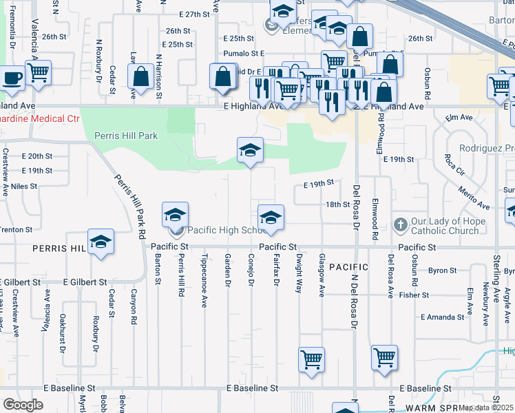 map of restaurants, bars, coffee shops, grocery stores, and more near 1356 East 17th Street in San Bernardino