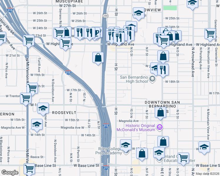 map of restaurants, bars, coffee shops, grocery stores, and more near 823 West 18th Street in San Bernardino