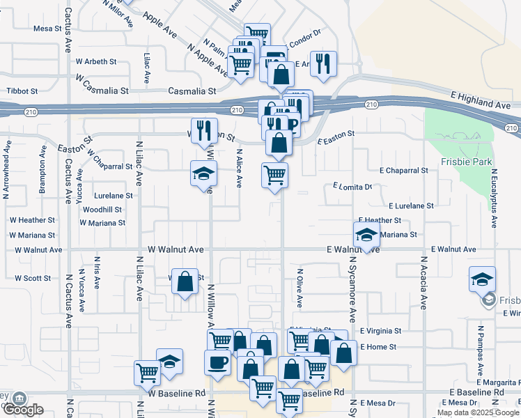 map of restaurants, bars, coffee shops, grocery stores, and more near 186 West Walnut Avenue in Rialto
