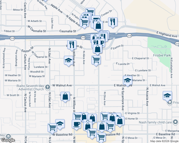map of restaurants, bars, coffee shops, grocery stores, and more near 186 West Walnut Avenue in Rialto
