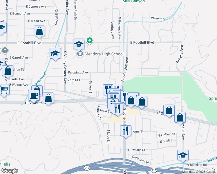 map of restaurants, bars, coffee shops, grocery stores, and more near 346 South Cimmeron Trail in Glendora