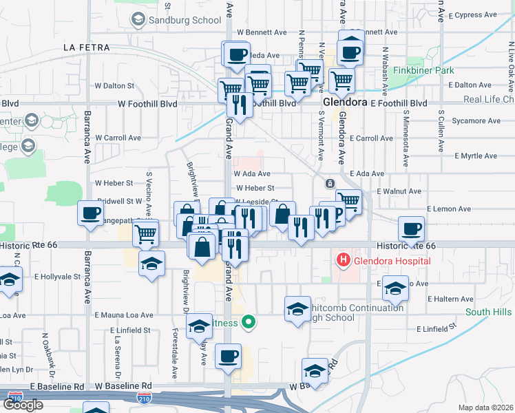 map of restaurants, bars, coffee shops, grocery stores, and more near 521 West Leeside Street in Glendora