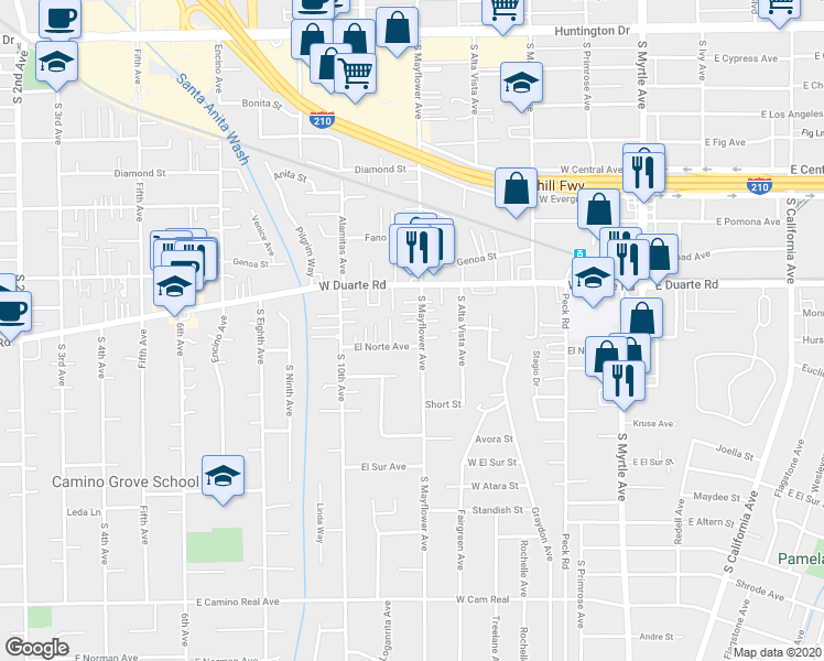map of restaurants, bars, coffee shops, grocery stores, and more near 1836 South Mayflower Avenue in Monrovia