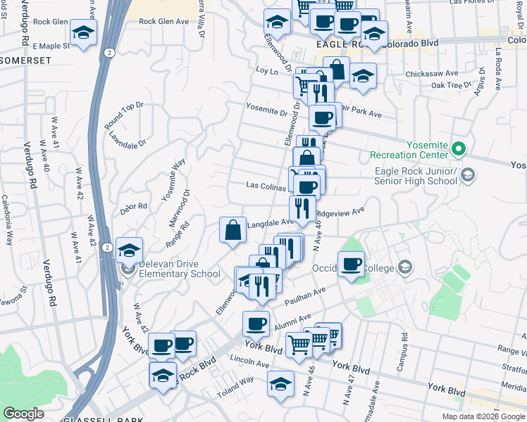 map of restaurants, bars, coffee shops, grocery stores, and more near 2435 Ridgeview Avenue in Los Angeles