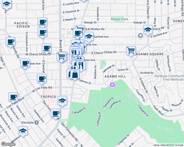 map of restaurants, bars, coffee shops, grocery stores, and more near 1241 Boynton Street in Glendale