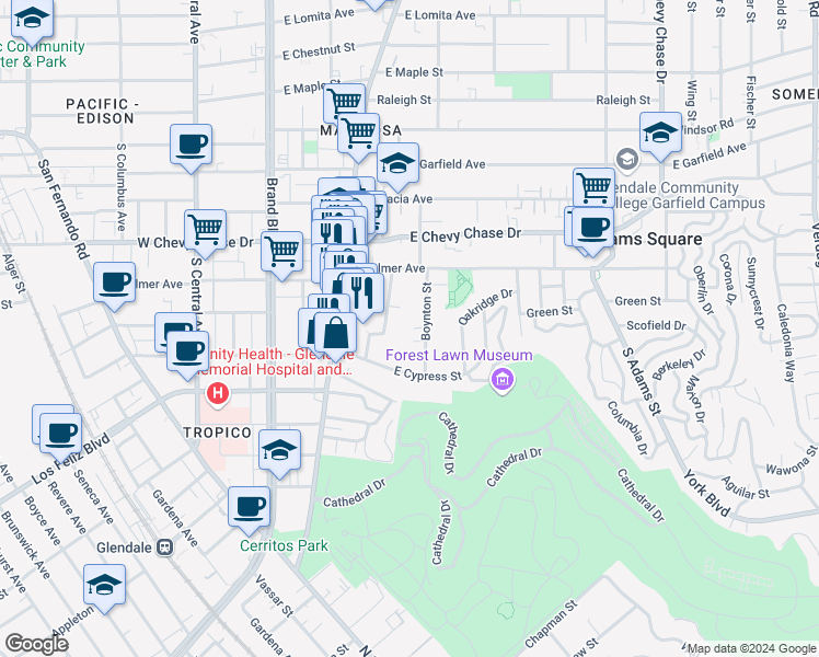 map of restaurants, bars, coffee shops, grocery stores, and more near 1241 Boynton Street in Glendale
