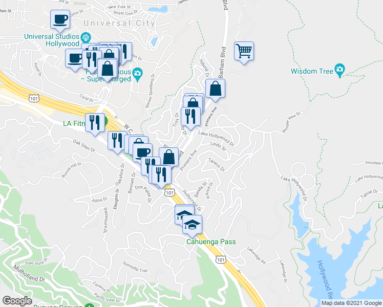 map of restaurants, bars, coffee shops, grocery stores, and more near 3330 Primera Avenue in Los Angeles
