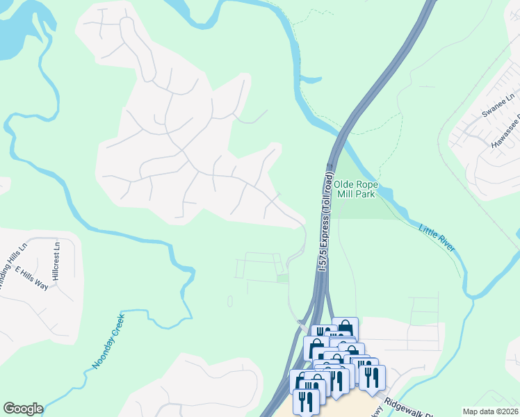 map of restaurants, bars, coffee shops, grocery stores, and more near 104 Gainesway Drive in Woodstock
