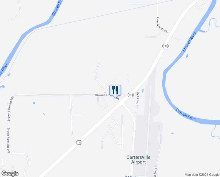 map of restaurants, bars, coffee shops, grocery stores, and more near 50 Brown Farm Road Southwest in Cartersville