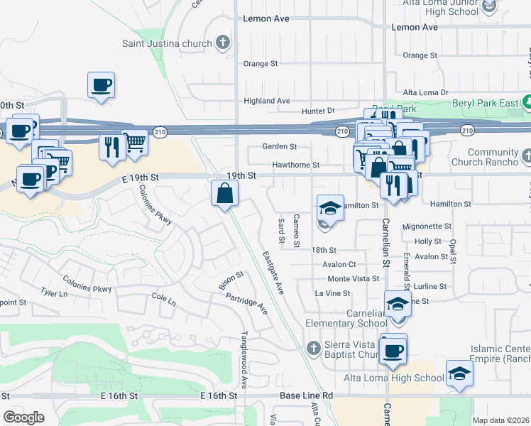 map of restaurants, bars, coffee shops, grocery stores, and more near 1858 Eastgate Avenue in Upland