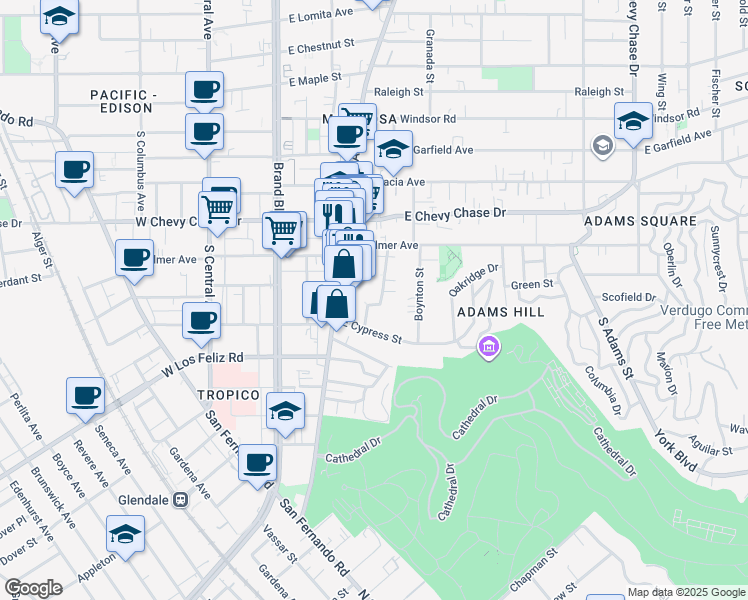 map of restaurants, bars, coffee shops, grocery stores, and more near 1255 Mariposa Street in Glendale
