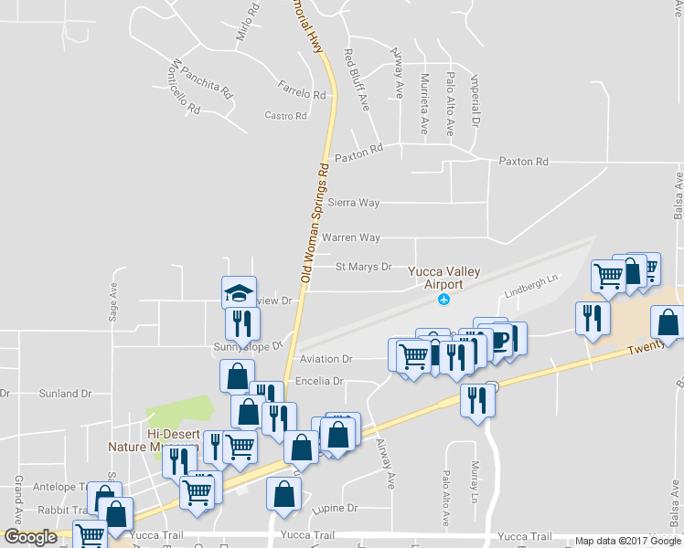 map of restaurants, bars, coffee shops, grocery stores, and more near 57385 Saint Marys Drive in Yucca Valley