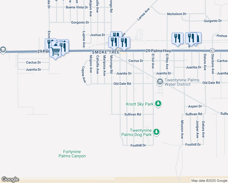map of restaurants, bars, coffee shops, grocery stores, and more near 6727 Morongo Road in Twentynine Palms