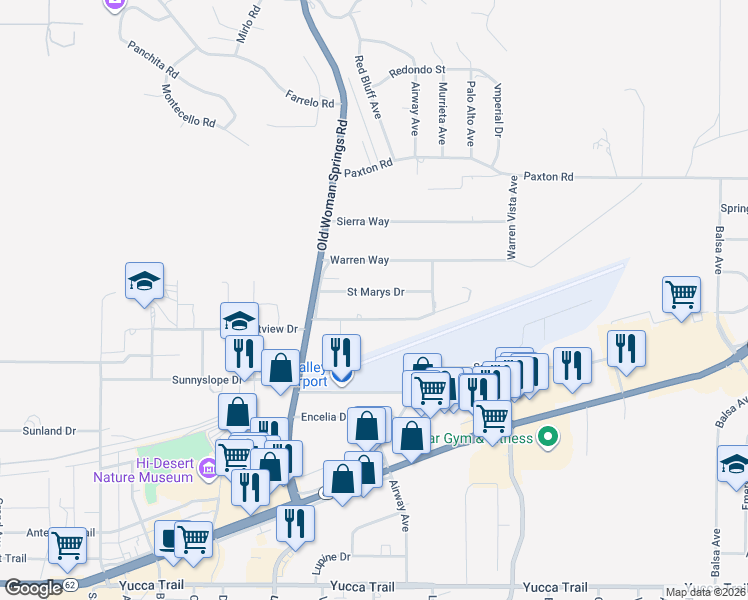 map of restaurants, bars, coffee shops, grocery stores, and more near 57418 Saint Marys Drive in Yucca Valley