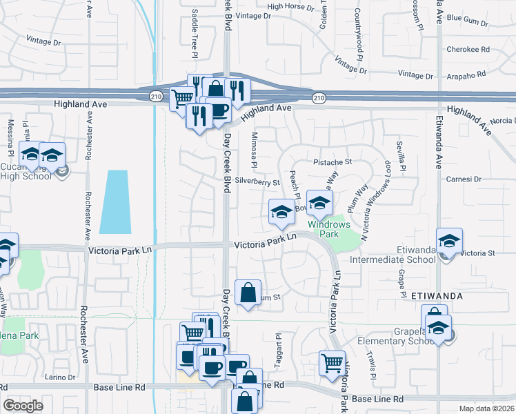 map of restaurants, bars, coffee shops, grocery stores, and more near 12283 Mint Court in Rancho Cucamonga