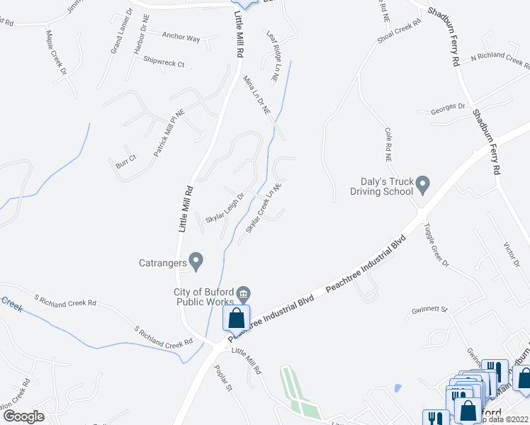 map of restaurants, bars, coffee shops, grocery stores, and more near 5501 Skylar Creek Lane Northeast in Buford