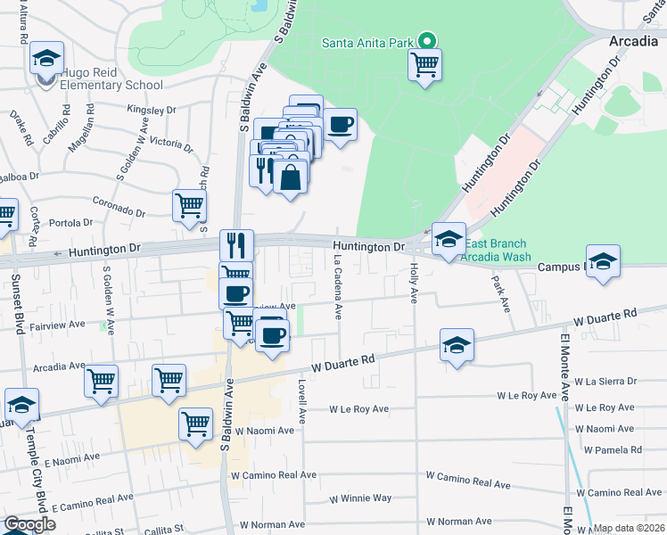map of restaurants, bars, coffee shops, grocery stores, and more near 506 Huntington Drive in Arcadia