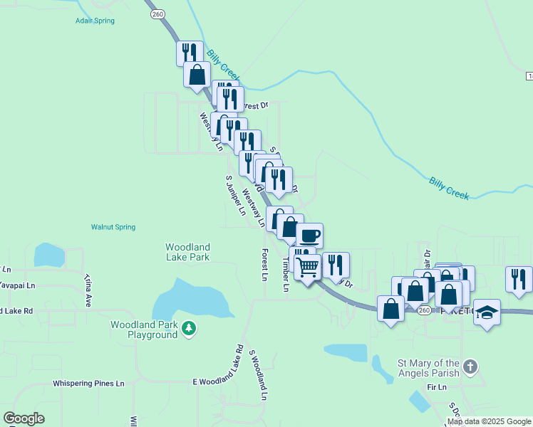 map of restaurants, bars, coffee shops, grocery stores, and more near 657 East White Mountain Boulevard in Pinetop-Lakeside
