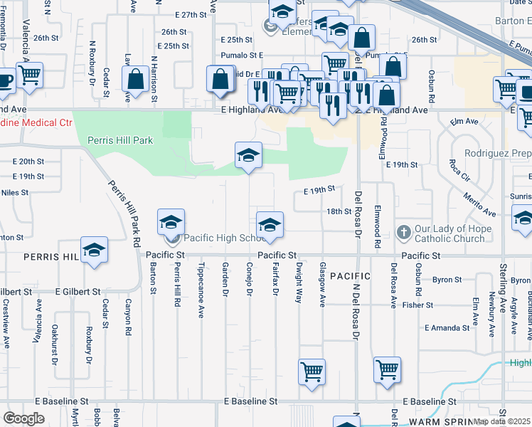 map of restaurants, bars, coffee shops, grocery stores, and more near 1356 E 17th St in San Bernardino