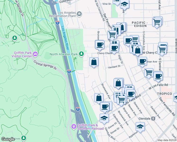 map of restaurants, bars, coffee shops, grocery stores, and more near 4014 Verdant Street in Los Angeles