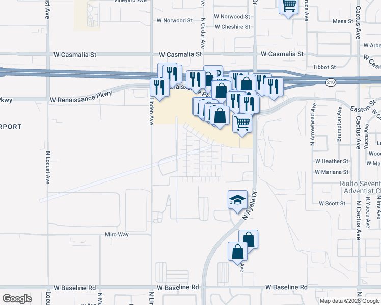 map of restaurants, bars, coffee shops, grocery stores, and more near 1725 Eagle Road in Rialto