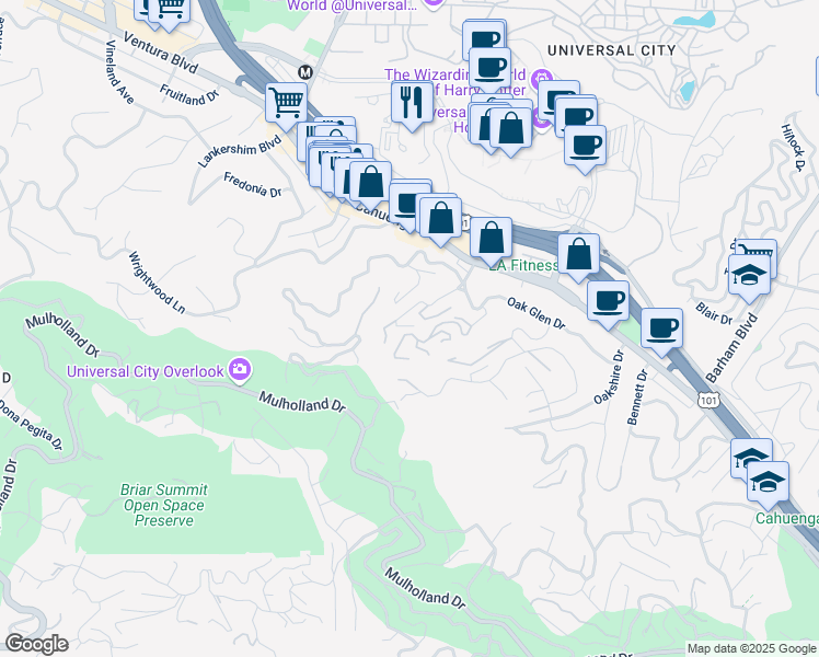 map of restaurants, bars, coffee shops, grocery stores, and more near 3708 Broadlawn Drive in Los Angeles