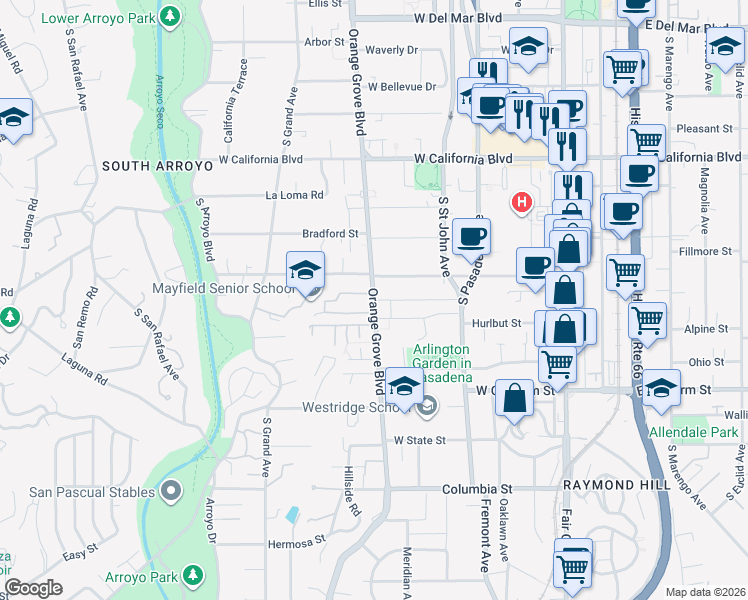 map of restaurants, bars, coffee shops, grocery stores, and more near 885 South Orange Grove Boulevard in Pasadena