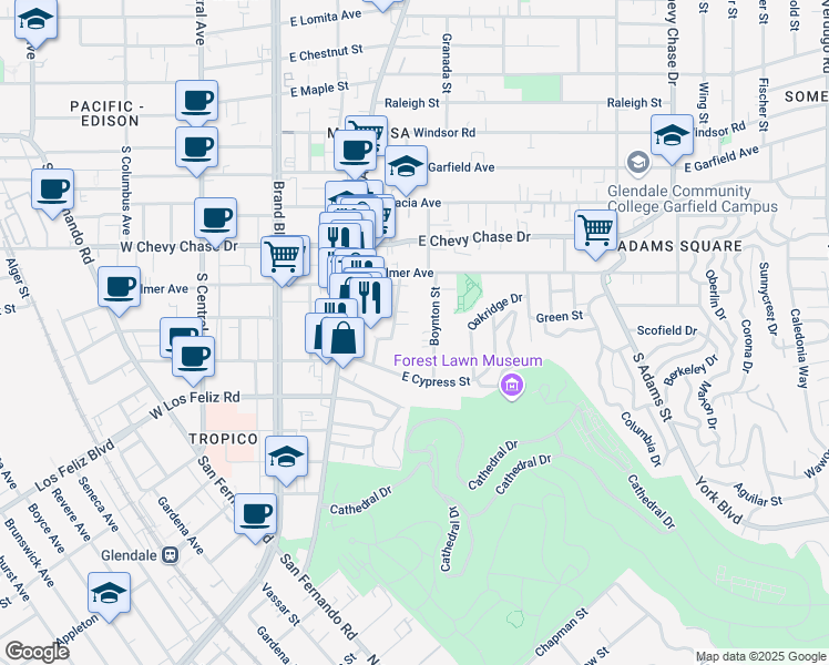map of restaurants, bars, coffee shops, grocery stores, and more near 1253 Boynton Street in Glendale