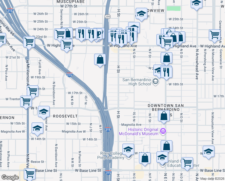 map of restaurants, bars, coffee shops, grocery stores, and more near 823 West 18th Street in San Bernardino