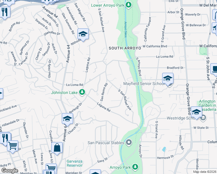 map of restaurants, bars, coffee shops, grocery stores, and more near 775 San Rafael Terrace in Pasadena