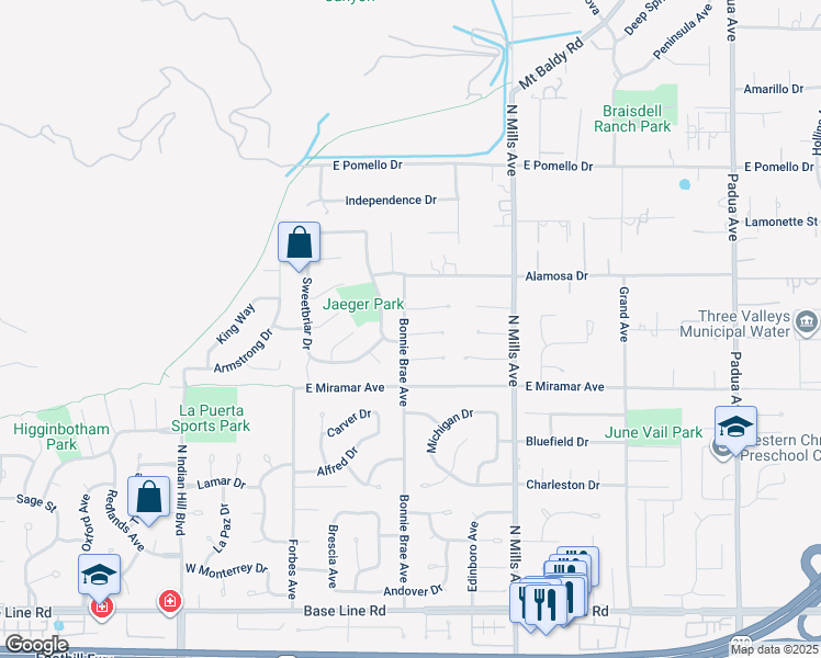 map of restaurants, bars, coffee shops, grocery stores, and more near 303 East Dunbarton Place in Claremont