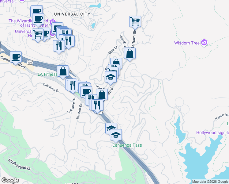 map of restaurants, bars, coffee shops, grocery stores, and more near 3330 Primera Avenue in Los Angeles