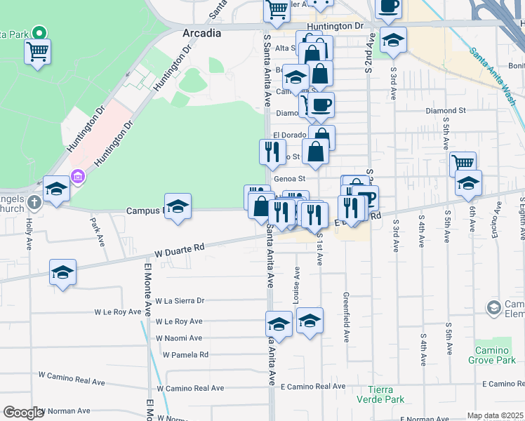 map of restaurants, bars, coffee shops, grocery stores, and more near 12 Campus Drive in Arcadia