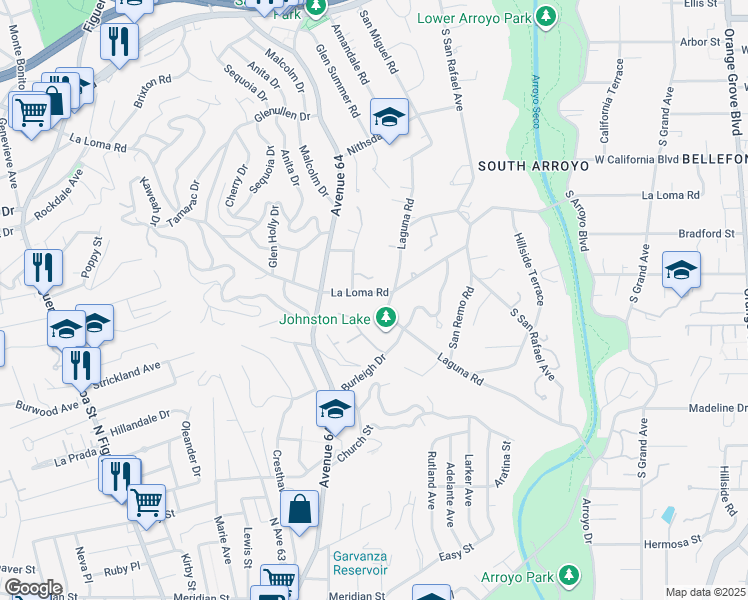 map of restaurants, bars, coffee shops, grocery stores, and more near 1260 La Loma Road in Pasadena