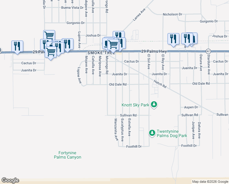 map of restaurants, bars, coffee shops, grocery stores, and more near 6763 Manzanita Avenue in Twentynine Palms